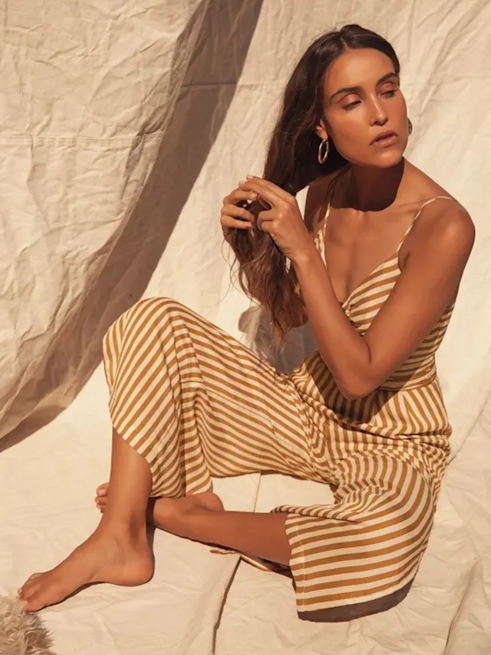 Moon River Ettna Mustard Yellow Striped Cutout Front Wide-Leg Jumpsuit NEW Small